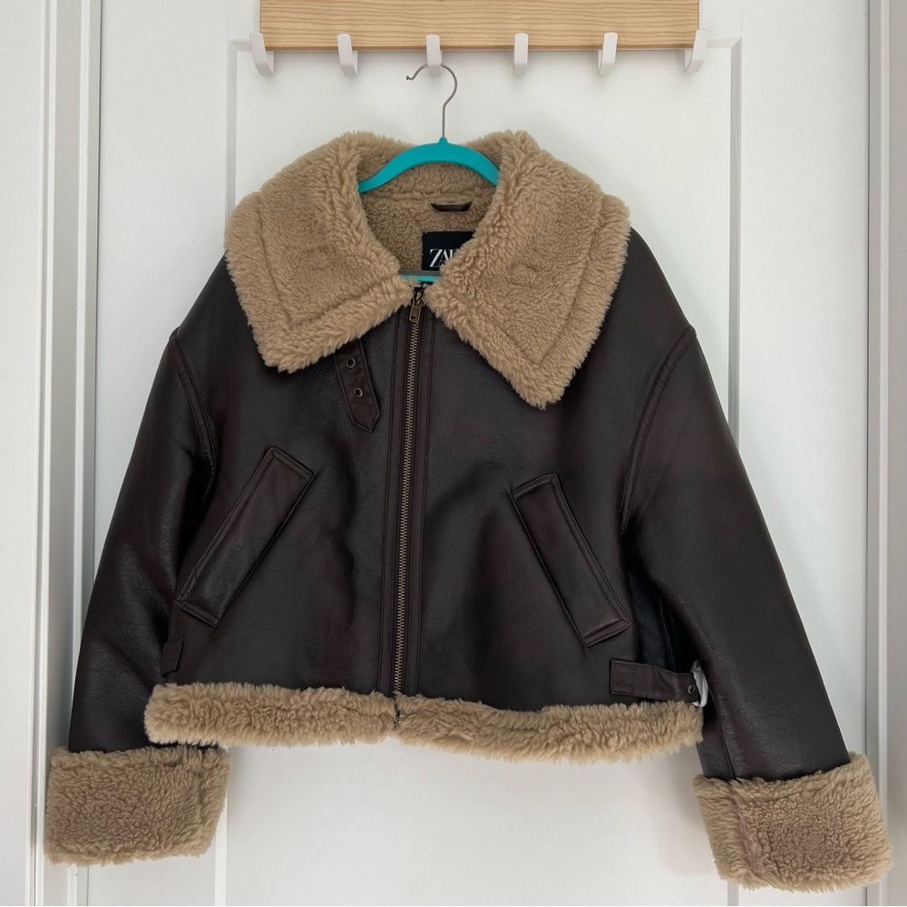 Zara Dark Brown Leather Jacket with Sherpa Lining